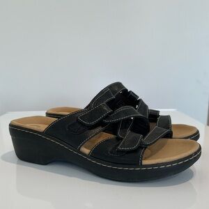 Clarks Black Leather Slip-On Wedge Sandals Merliah Karli Slides Comfort Sandal